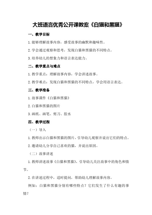 大班语言优秀公开课教案《白猫和黑猫》