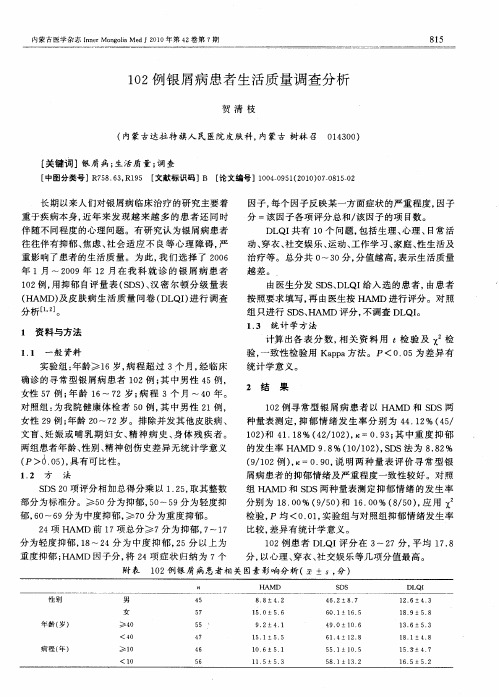 102例银屑病患者生活质量调查分析