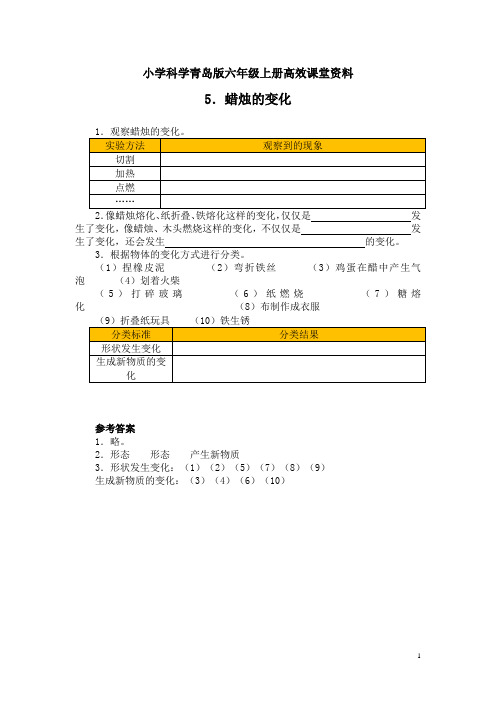 小学科学青岛版六年级上册高效课堂资料5蜡烛的变化