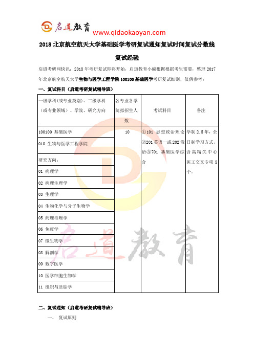 2018北京航空航天大学基础医学考研复试通知复试时间复试分数线复试经验