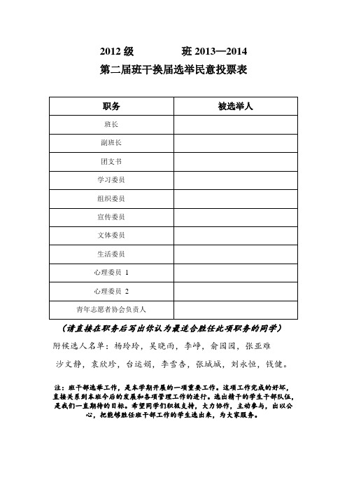班干部换届选举民意投票表