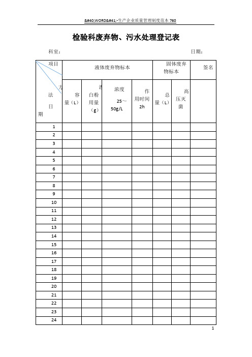 检验科废弃物、污水处理登记表