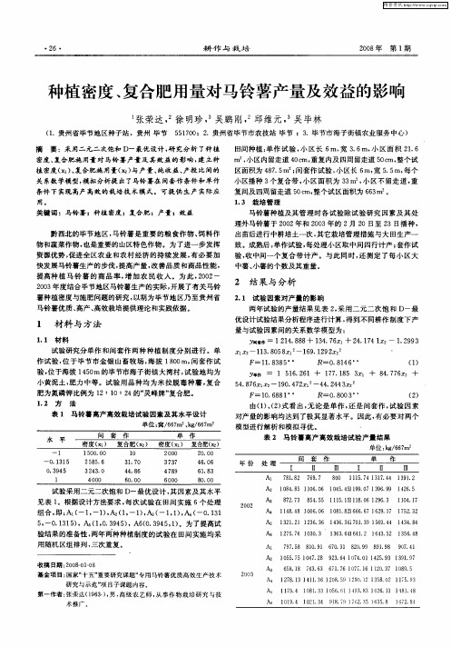 种植密度、复合肥用量对马铃薯产量及效益的影响