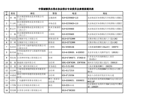 中国城镇供水排水协会排水专业委员会常委会通讯录