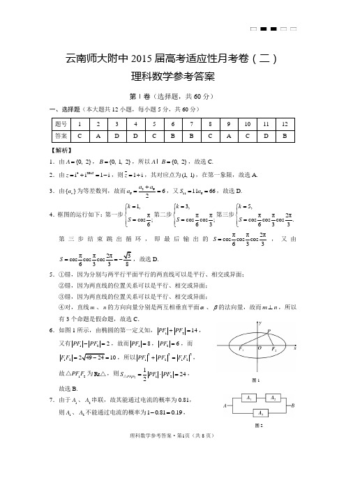 云南师大附中2015届高考适应性月考卷(二)理科数学-答案