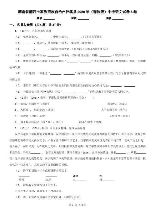 湖南省湘西土家族苗族自治州泸溪县2020年(春秋版)中考语文试卷B卷