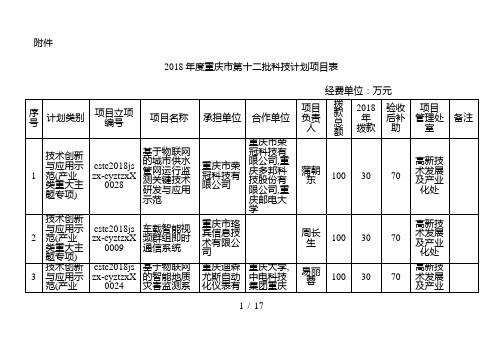 2018年度市第十二批科技计划项目表