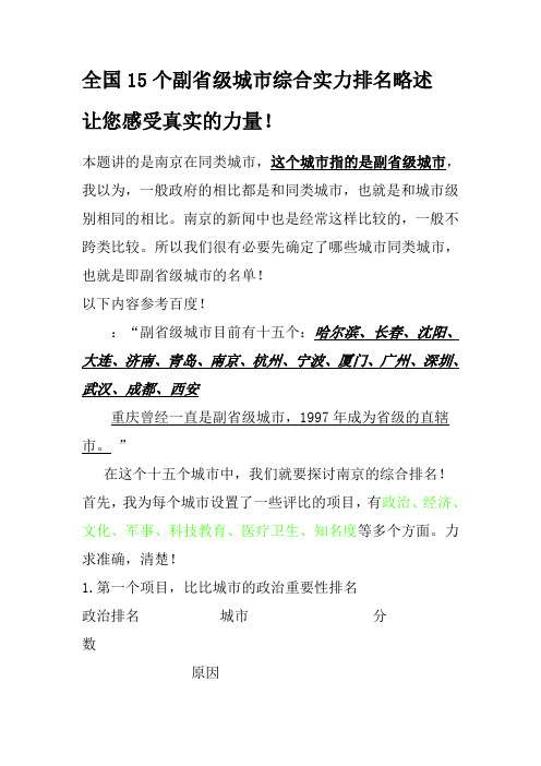 全国15个副省级城市综合实力排名略述