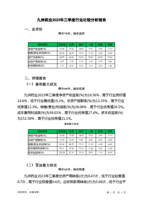 603456九洲药业2023年三季度行业比较分析报告