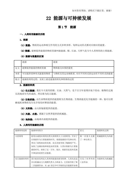 新人教版九年级物理第22章能源与可持续发展知识点全面总结