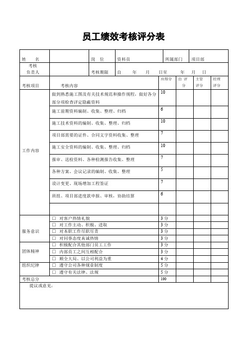 建筑公司项目部资料员绩效考核评分表(标准版)