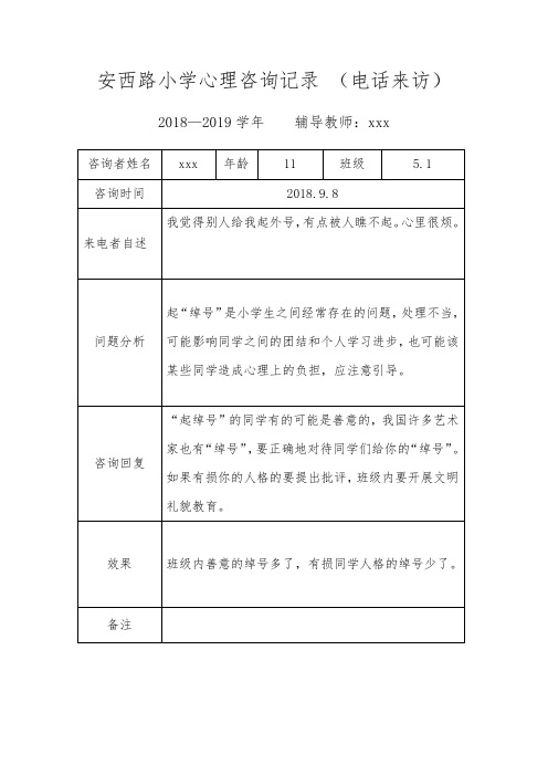 小学生心理咨询记录电话来访2017--2018