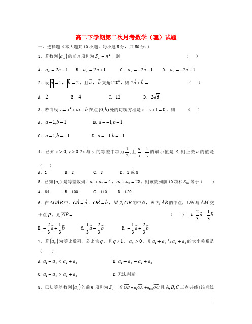 浙江省舟山市嵊泗中学2013-2014学年高二数学下学期第二次月考试题2 理(无答案)新人教A版