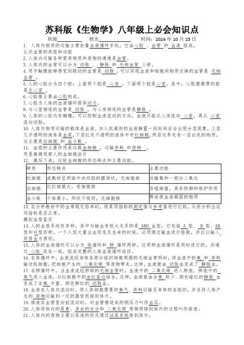 苏科版《生物学》八年级上必会知识点