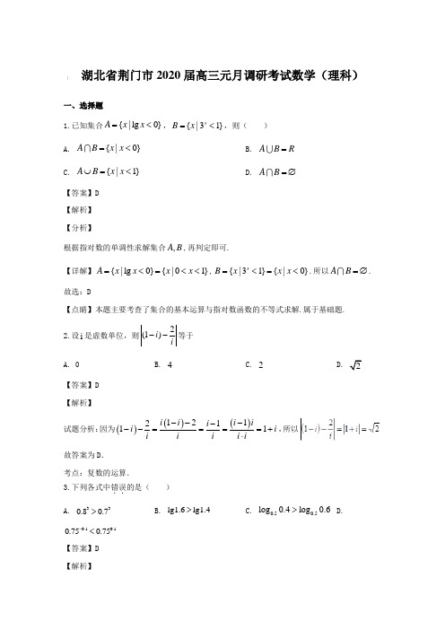 湖北省荆门市2020届高三元月调研考试数学(理科)试题(含答案)