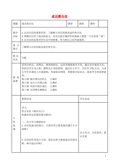 山东省潍坊第十中学七年级政治上册 第七课 第2框 成功需自信教案 鲁教版