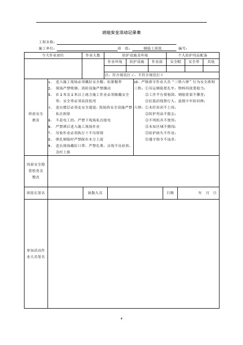 【绝对精品】班前安全活动签到表-钢筋工班组