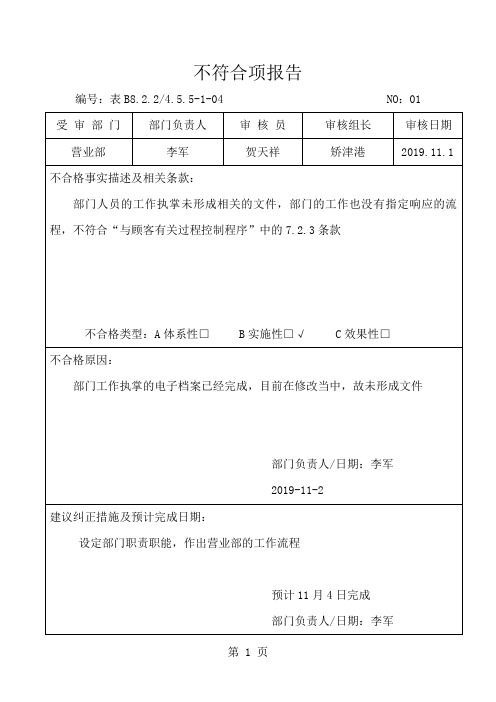 不符合项报告(表格模板、doc格式)共6页