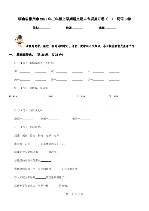 湖南省郴州市2020年三年级上学期语文期末专项复习卷(二)词语B卷