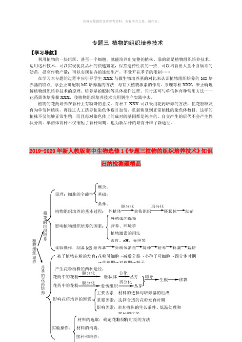 2019-2020年新人教版高中生物选修1《专题三植物的组织培养技术》知识归纳检测题精品