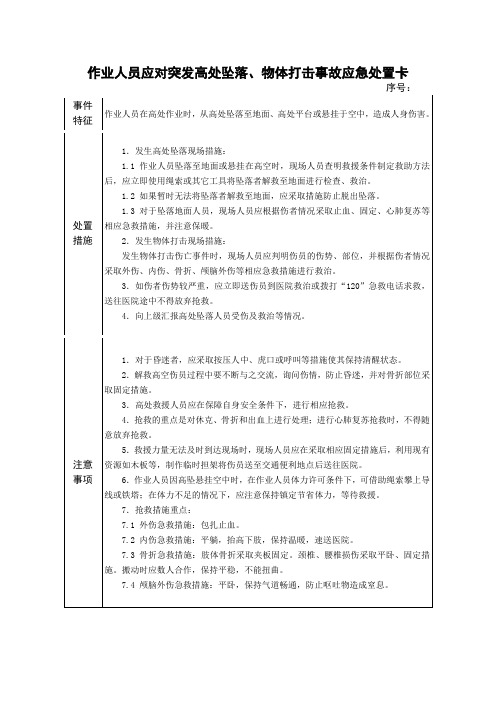 作业人员应对突发高处坠落、物体打击事故应急处置卡