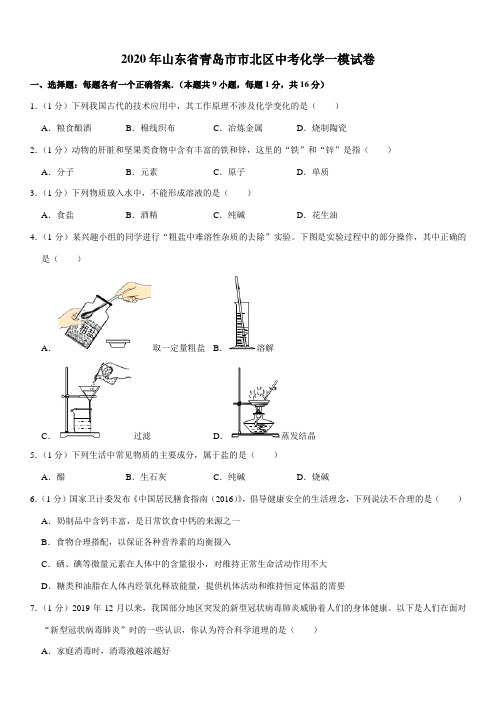 2020年山东省青岛市市北区中考化学一模试卷