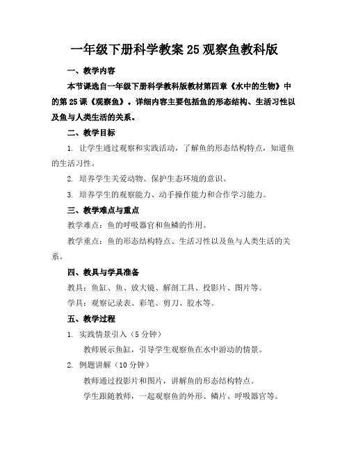一年级下册科学教案25观察鱼教科版