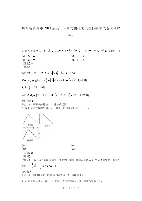 山东省济南市2014届高三3月考模拟考试理科数学试卷(带解析)