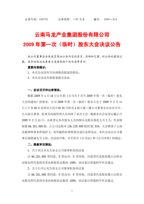 2009年第一次(临时)股东大会决议公告