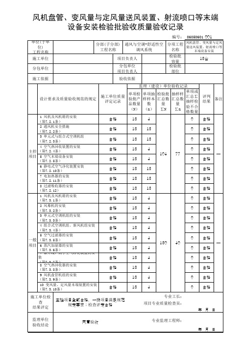 风机盘管、变风量与定风量送风装置、射流喷口等末端设备安装检验批验收质量验收记录