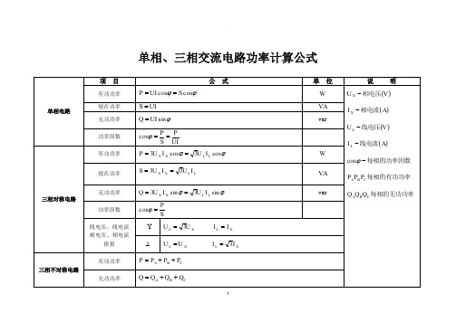 单相、三相交流电路功率计算公式