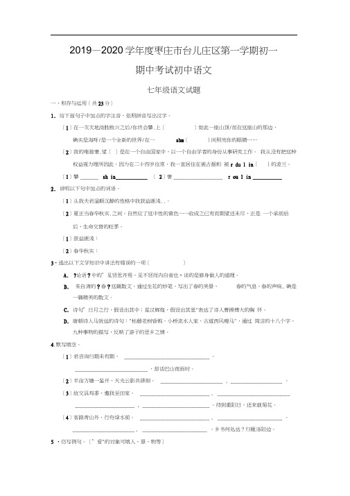 2019—2020学年度枣庄市台儿庄区第一学期初一期中考试初中语文