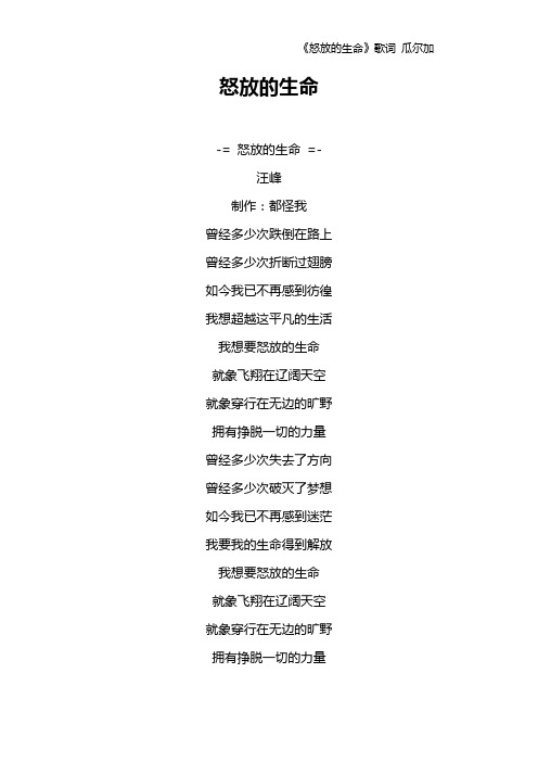 《怒放的生命》歌词 瓜尔加