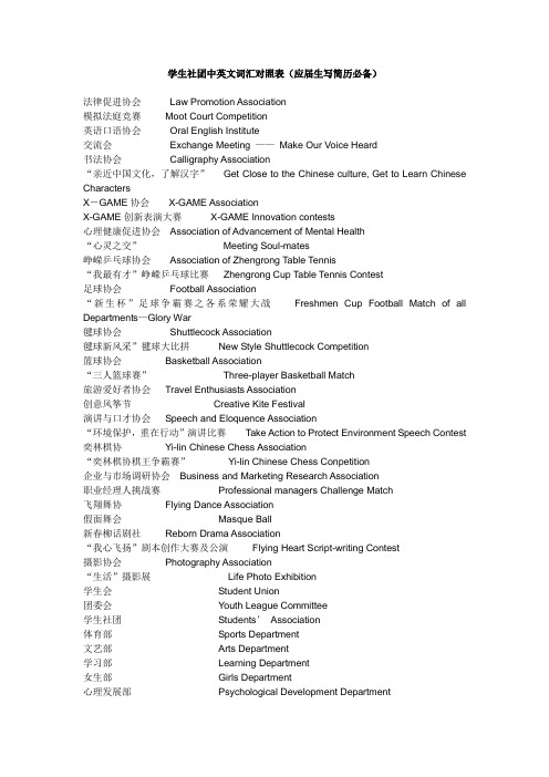 学生社团中英文词汇对照表(应届生写简历必备)