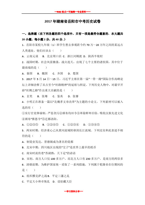 湖南省岳阳市2017届中考历史试卷(解析版)