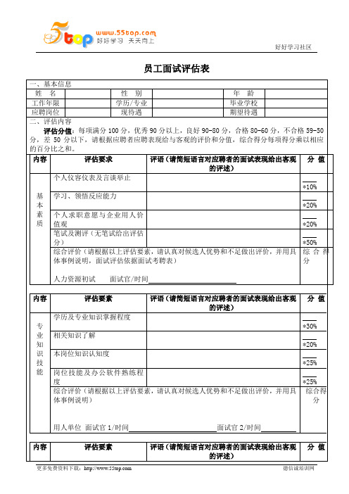 员工面试评估表
