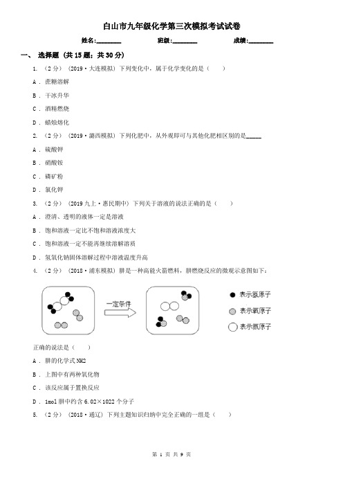 白山市九年级化学第三次模拟考试试卷