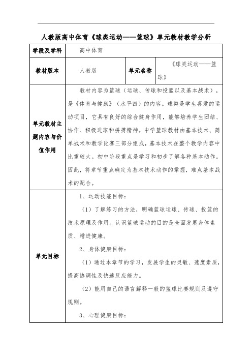 人教版高中体育《球类运动——篮球》单元教材教学分析