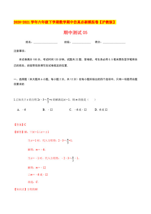 必刷卷05-2020-2021学年六年级数学下学期期中仿真必刷模拟卷(沪教版)(教师版)