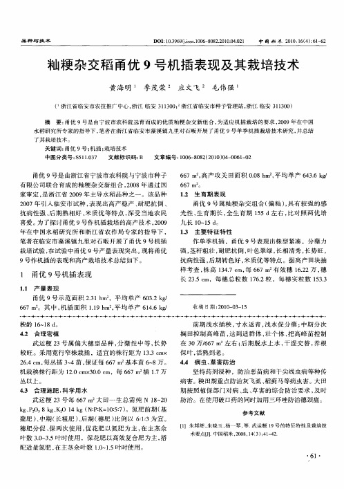 籼粳杂交稻甬优9号机插表现及其栽培技术