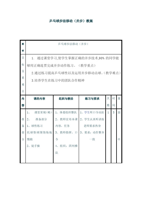 乒乓球步法移动(并步)教案   -2021-2022学年人教版体育与健康八年级全一册