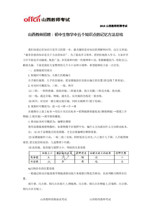 山西教师招聘：初中生物学中五个知识点的记忆方法总结