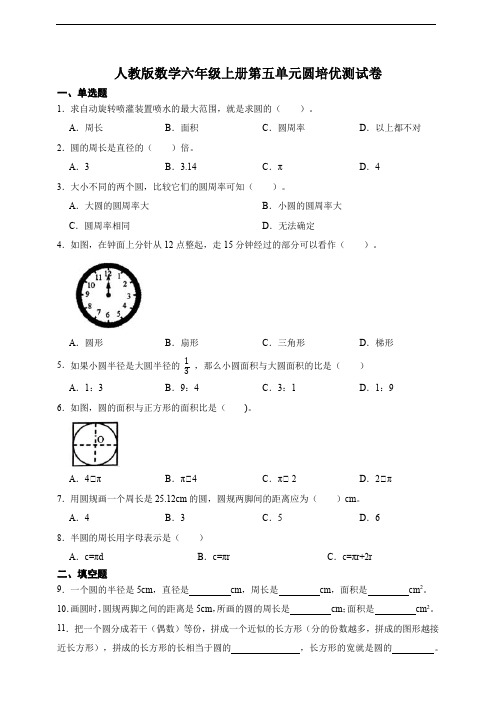 人教版数学六年级上册第五单元圆培优测试卷 (及答案)