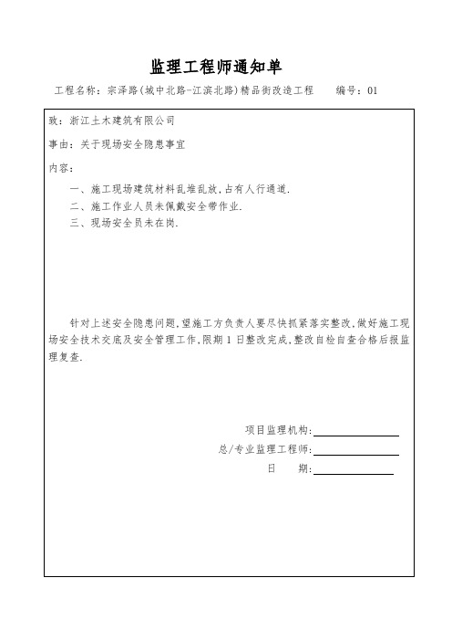 精品街改造工程安全监理工程师通知单范本