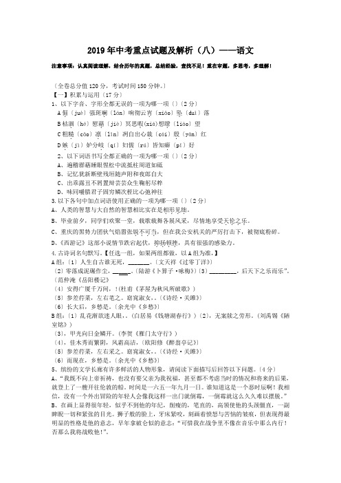 2019年中考重点试题及解析(八)——语文
