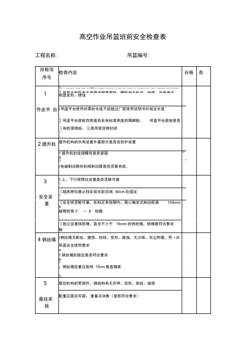 高空作业吊篮班前安全检查表