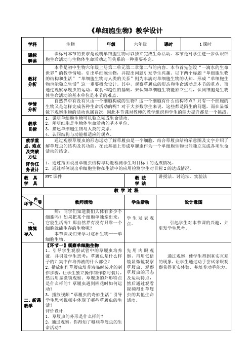 鲁科版六年级上册生物《单细胞生物》教学设计