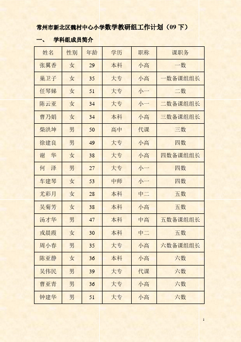 常州市新北区魏村中心小学数学教研组工作计划(09下)