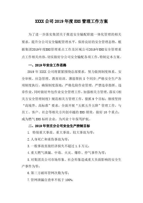 XXXXXX公司2019年度EHS管理工作方案