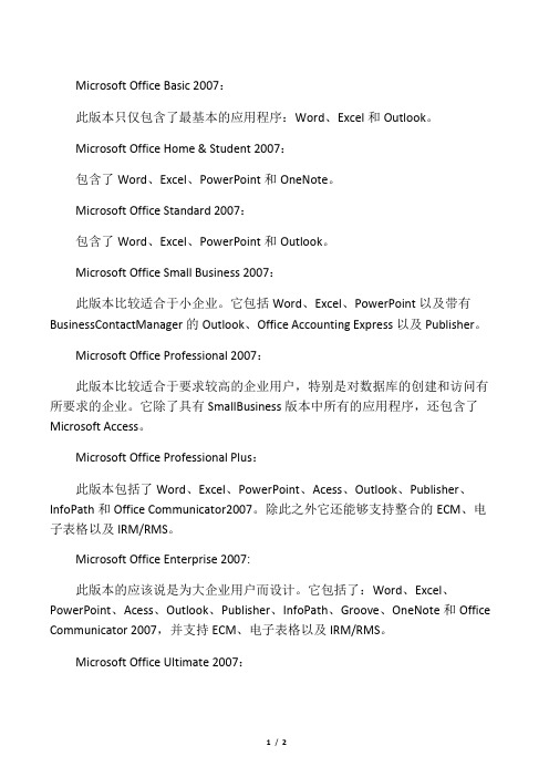 office 2007 各个版本的区别？